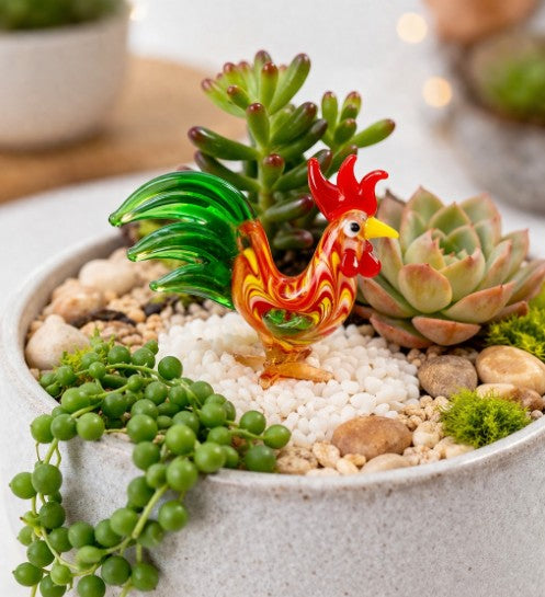 succulent planter kits Mini Glass Rooster – Colorful Succulent Planter Accent & Kit Add-On