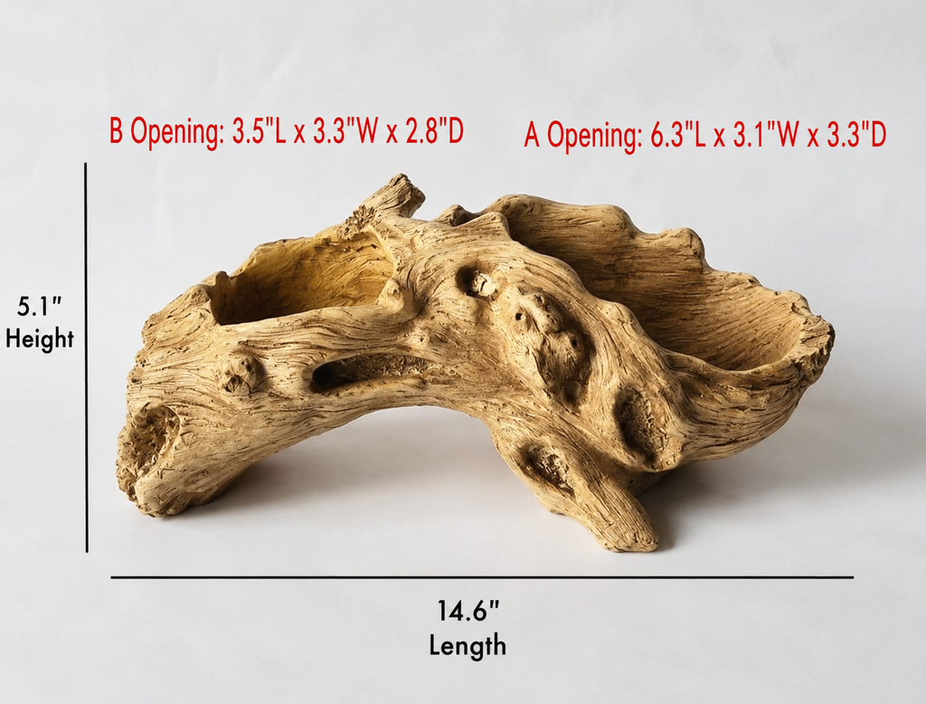 Resin driftwood log planter dimensions — 14.6" length, 5.1" height, two planting openings
