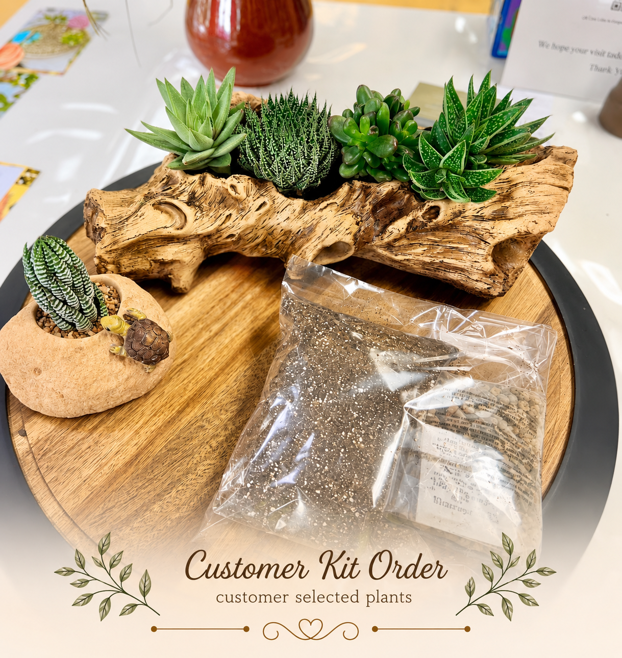 woodland succulents Rustic Log Planter with Drainage – Realistic Wood Look Succulent Plant –  Gorgeous Gifts