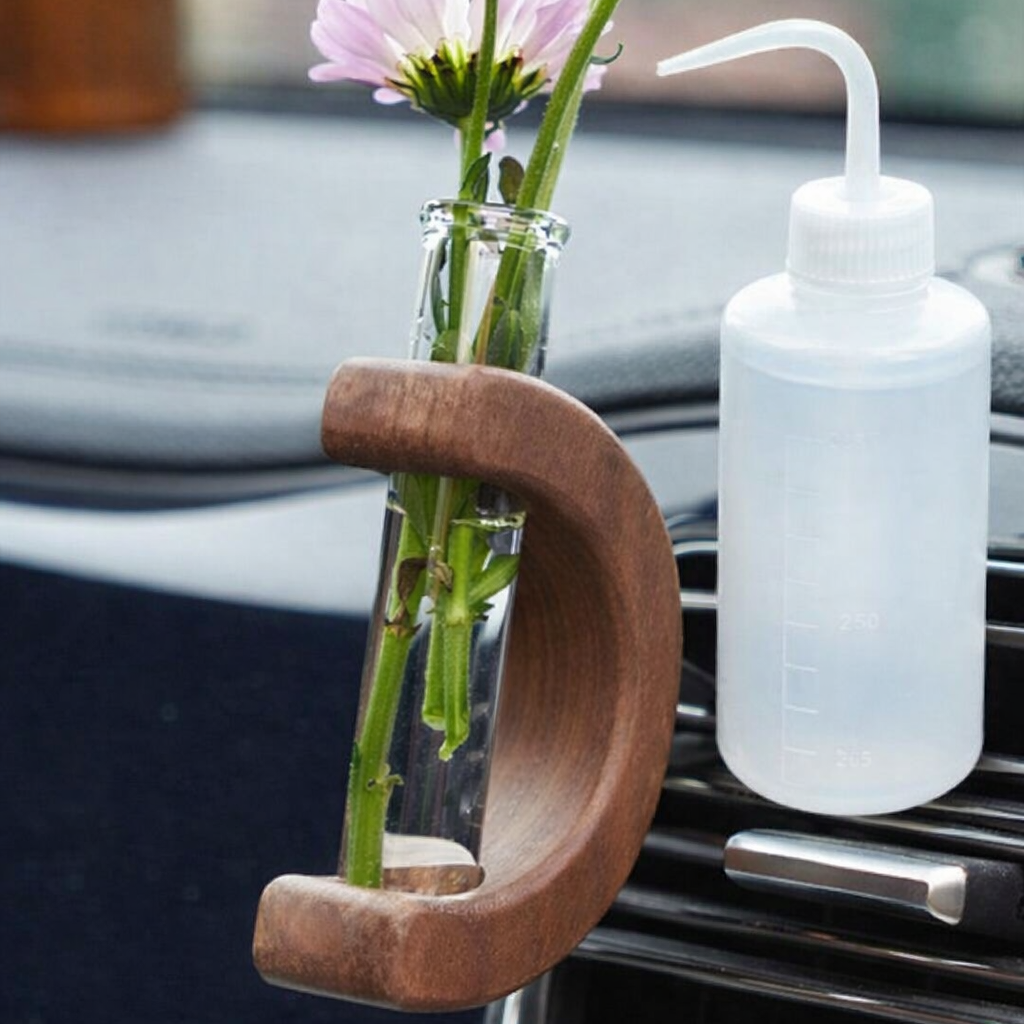 Mini Car Vent Propagation Vase with fill bottle – walnut Wood & Glass Tube