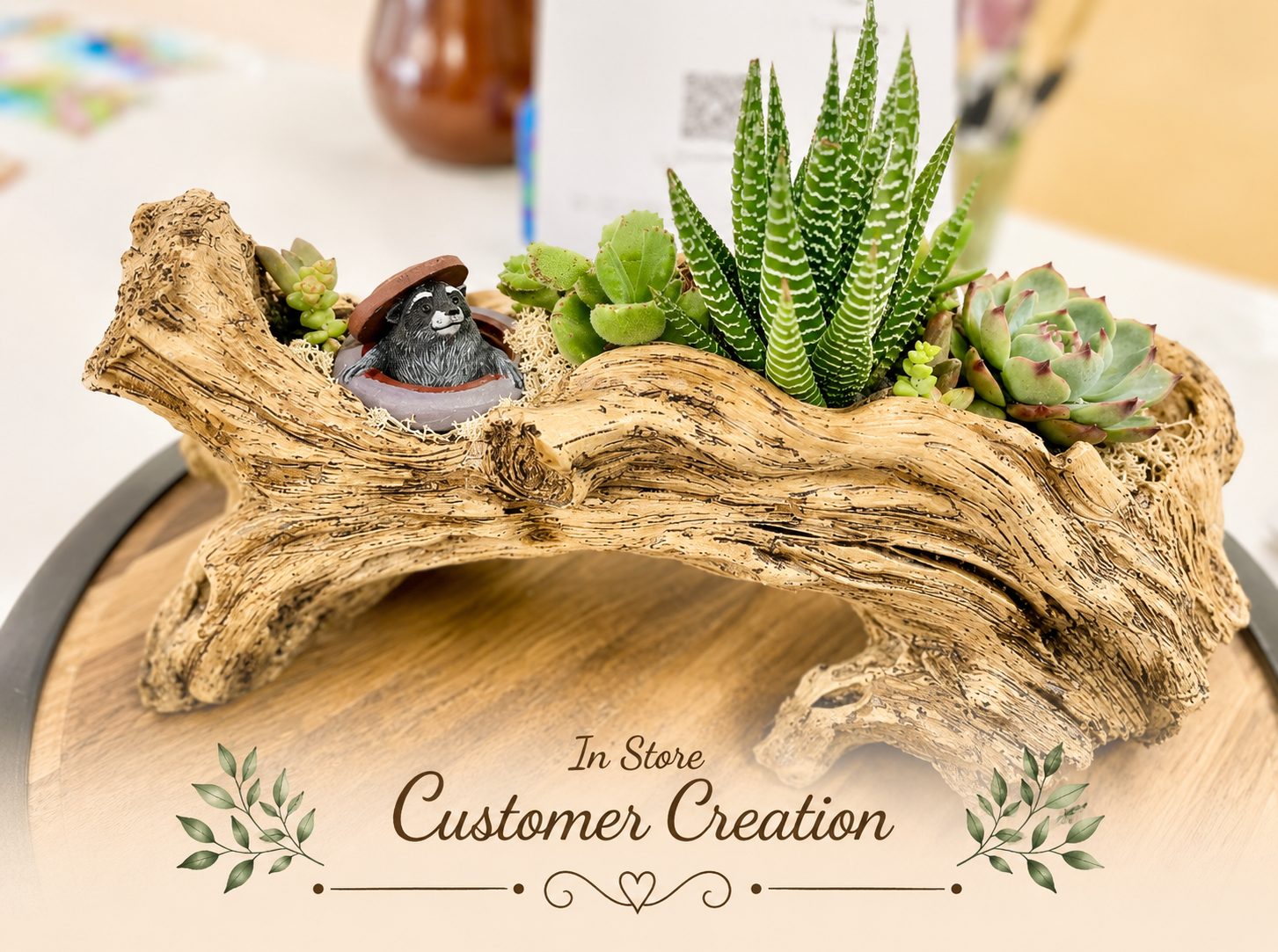 Rustic Resin Log Planter - Succulent Arrangement Option - Drainage Hole