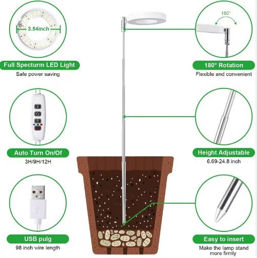 3.5" Full Spectrum Grow Light Ring – Auto On/Off Timer - 3 WHITE Modes