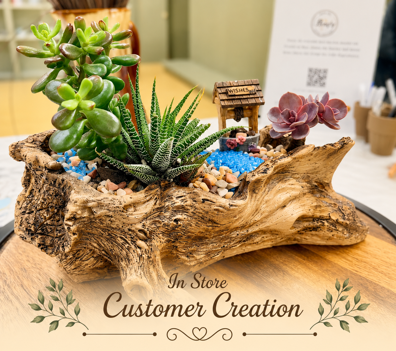 Rustic Driftwood Log Succulent Planter with Drainage – Realistic Wood Look Resin Planter – Woodland Succulent Arrangement