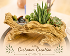 A decorative in-store customer creation planter made from a natural driftwood log, filled with small green succulents and a small potted bird figurine, displayed on a wooden surface with a blurred store background.