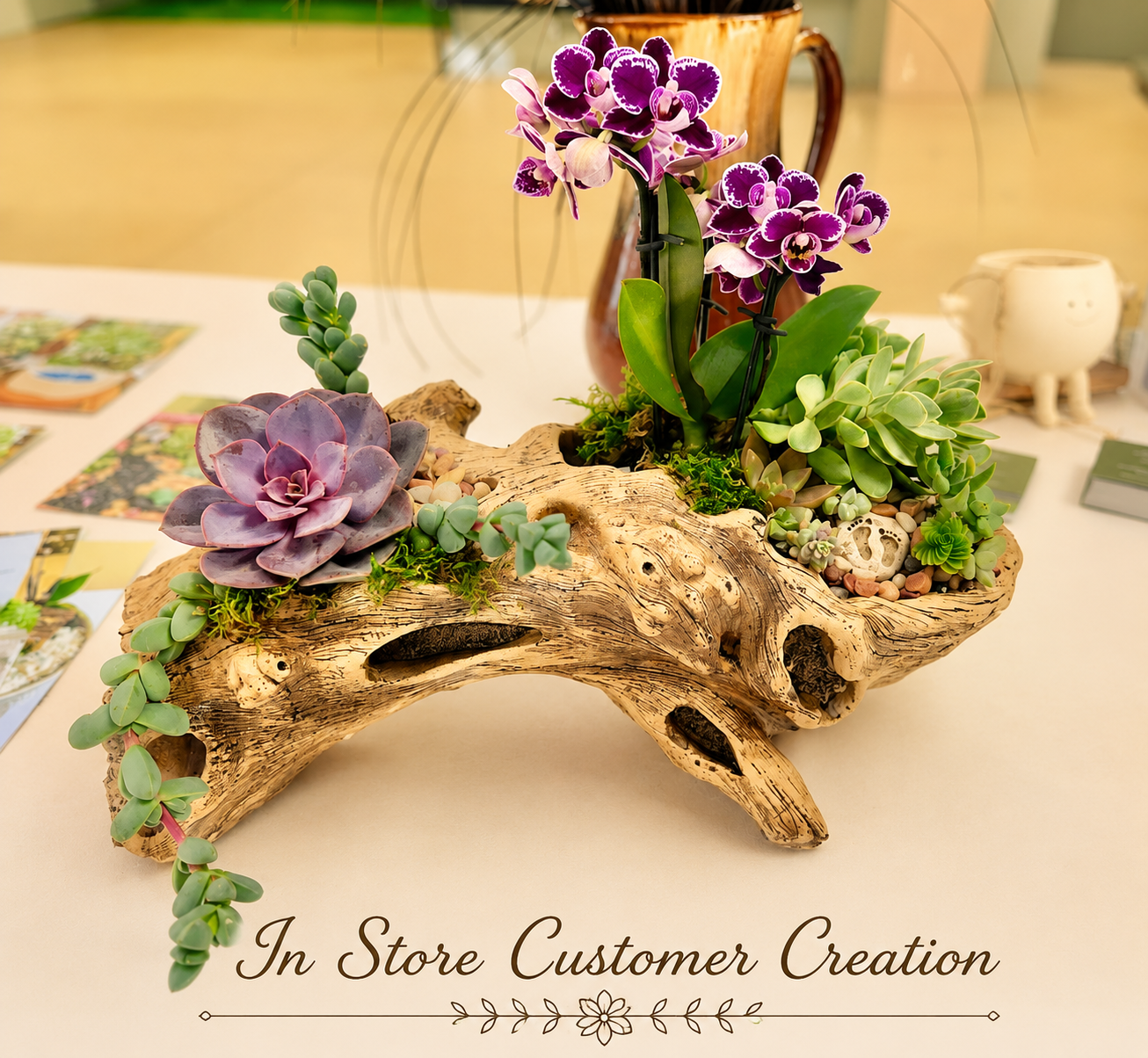 In-store customer creation: driftwood log planter with succulents and orchids arrangement