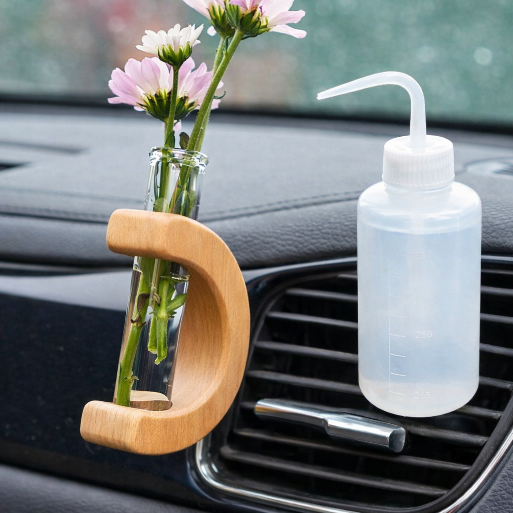Car Vent Propagation Vase with fill bottle – Beech Wood & Glass Tube