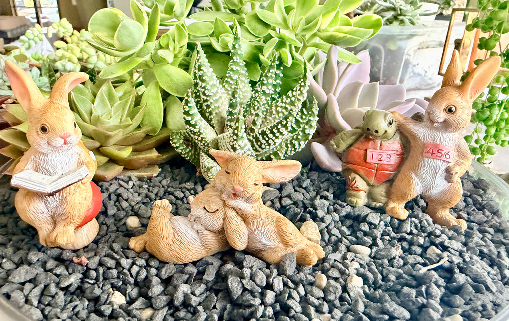 Reading Rabbit Fairy Garden Figurine – Mini Bunny on Mushroom Plant Decor – Succulent Planter Decoration – Miniature Garden Accessory Gift