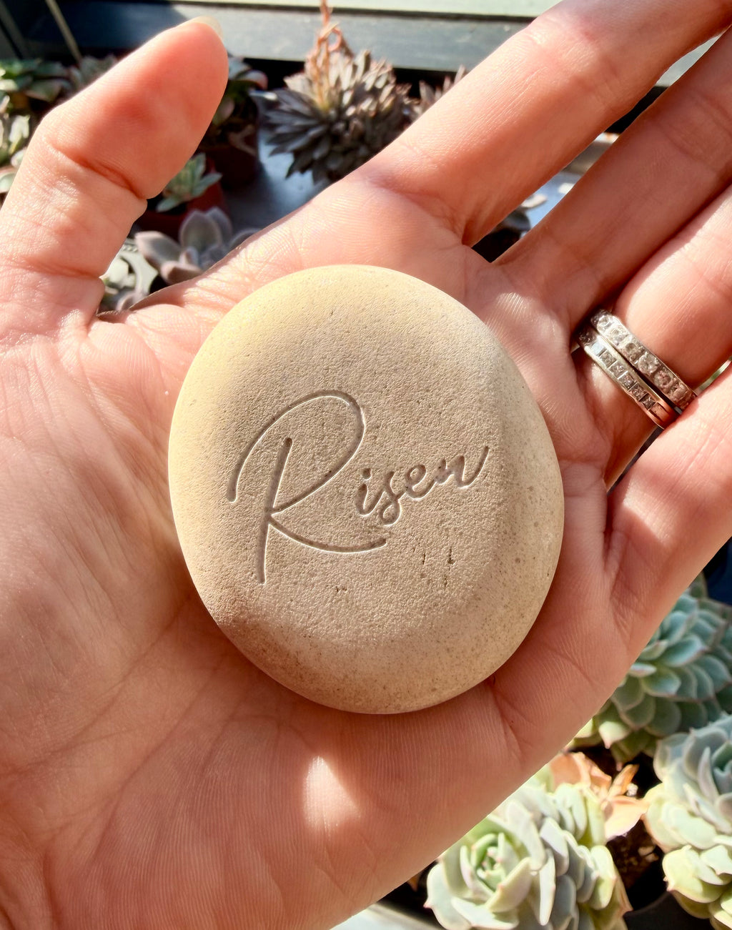 “Risen” Engraved Resurrection Stone – Easter Planter Decor & Roll Away Stone for Resurrection Garden