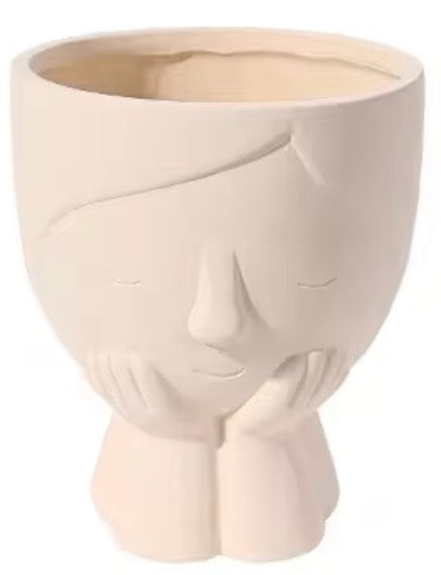 5" Sweet Girl Ceramic Face Planter with Drainage Hole - Optional String Of Pearls