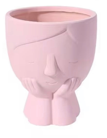 5" Sweet Girl Ceramic Face Planter with Drainage Hole - Optional String Of Pearls