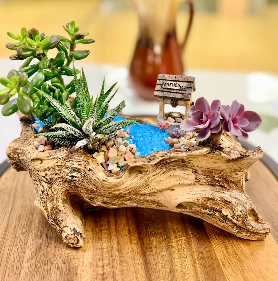 Rustic Driftwood Log Succulent Planter with Drainage – Realistic Wood Look Resin Planter – Woodland Succulent Arrangement