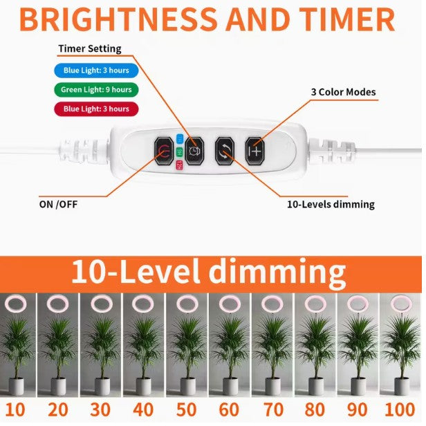 Control panel with timer settings, color modes, and dimming levels for a lighting product, shown with a plant image.