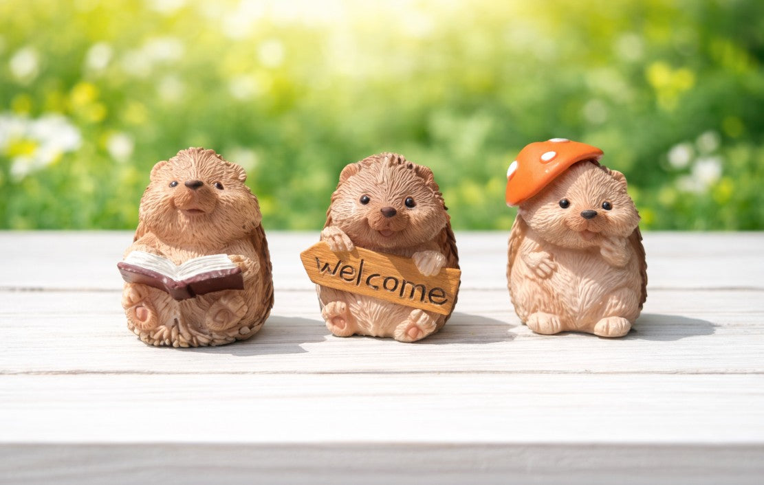 Hedgehog Fairy Garden Figurines – Reading, Welcome, Mushroom Hat