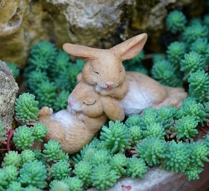 Sleeping Rabbits Fairy Garden Figurine – Mini Bunny Plant Decor – Woodland Planter Decoration – Miniature Garden Accessory – Plant Lover Gift
