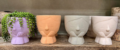 5" Sweet Girl Ceramic Face Planter with Drainage Hole - Optional String Of Pearls