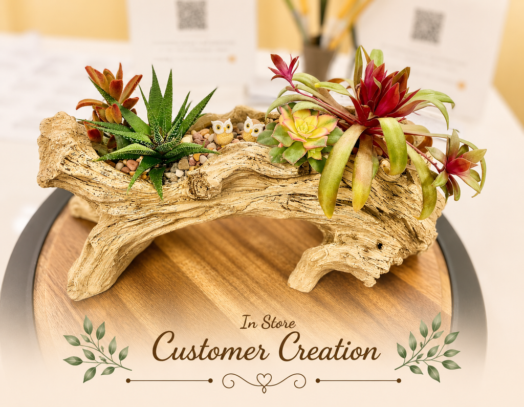 Rustic Resin Log Planter - Succulent Arrangement Option - Drainage Hole