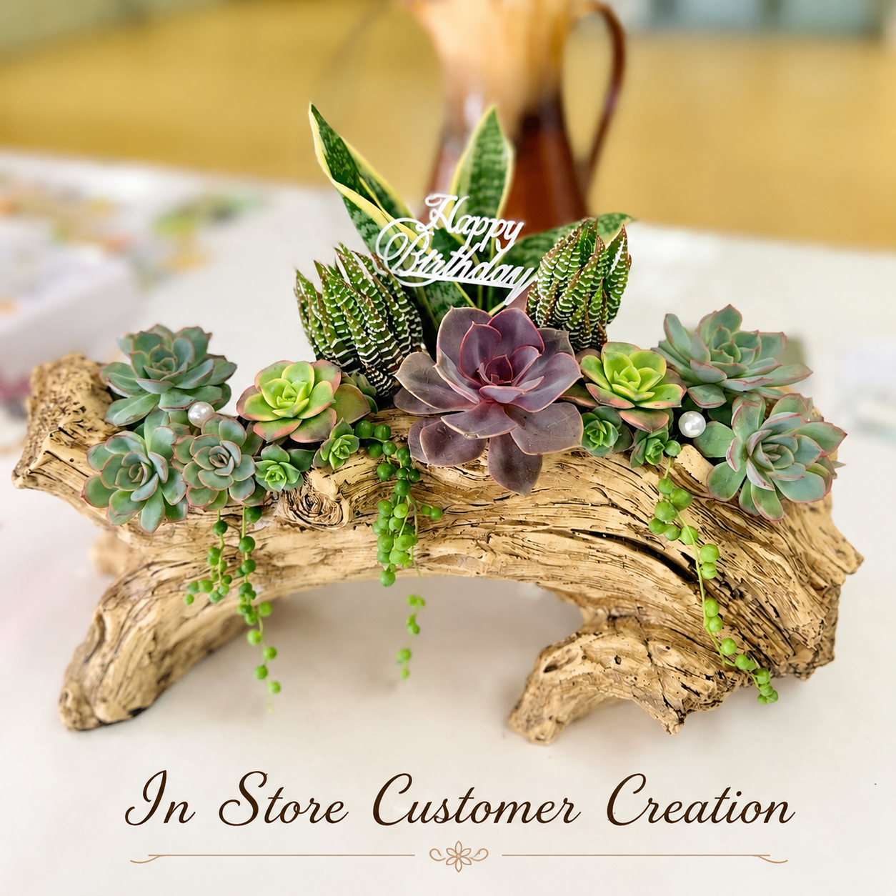 Rustic Resin Log Planter - Succulent Arrangement Option - Drainage Hole