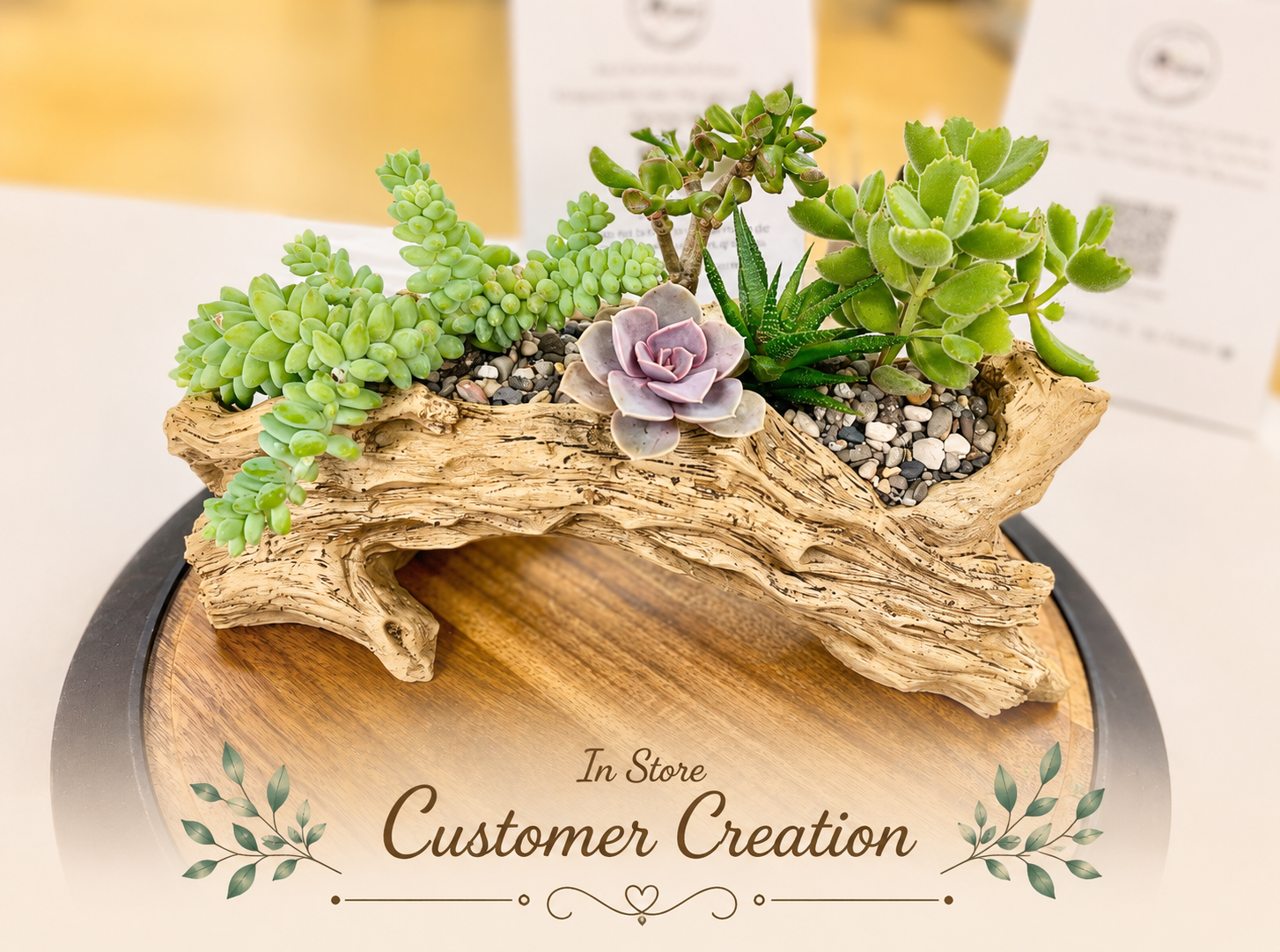 Rustic Resin Log Planter - Succulent Arrangement Option - Drainage Hole