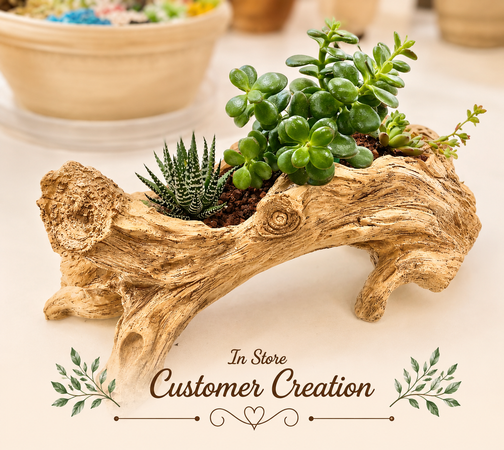 Rustic Resin Log Planter - Succulent Arrangement Option - Drainage Hole