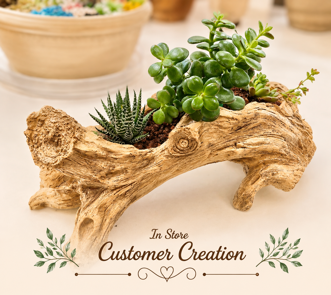 Rustic Resin Log Planter - Succulent Arrangement Option - Drainage Hole