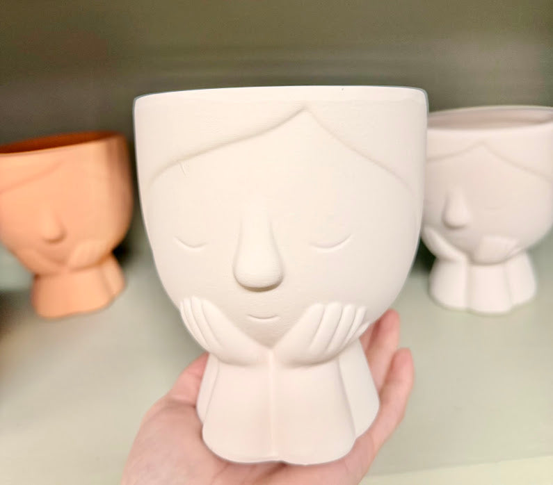 5" Sweet Girl Ceramic Face Planter with Drainage Hole - Optional String Of Pearls