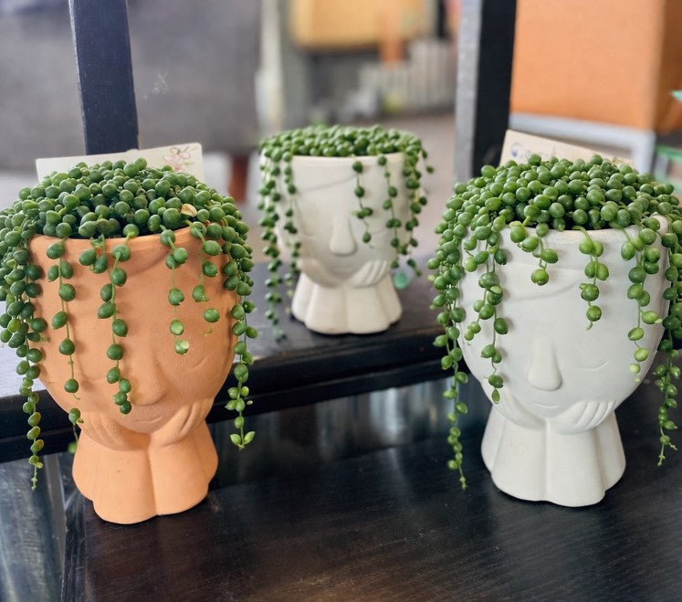 5" Sweet Girl Ceramic Face Planter with Drainage Hole - Optional String Of Pearls