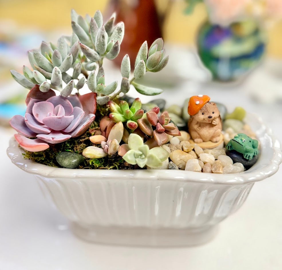 Hedgehog Fairy Garden Figurines – Reading, Welcome, Mushroom Hat