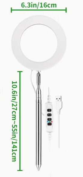Measurement chart of a large white lamp with dimensions displayed as a 6.3" ring on a telescoping pole between 10" and 55" 