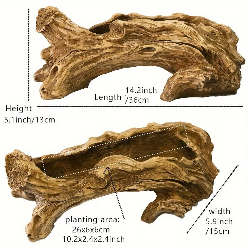 Wooden log with measurements on a white background. Length is 14" height is 5" plantable area is 10x2.5x2.5" ideal for succulents with shallow root systems