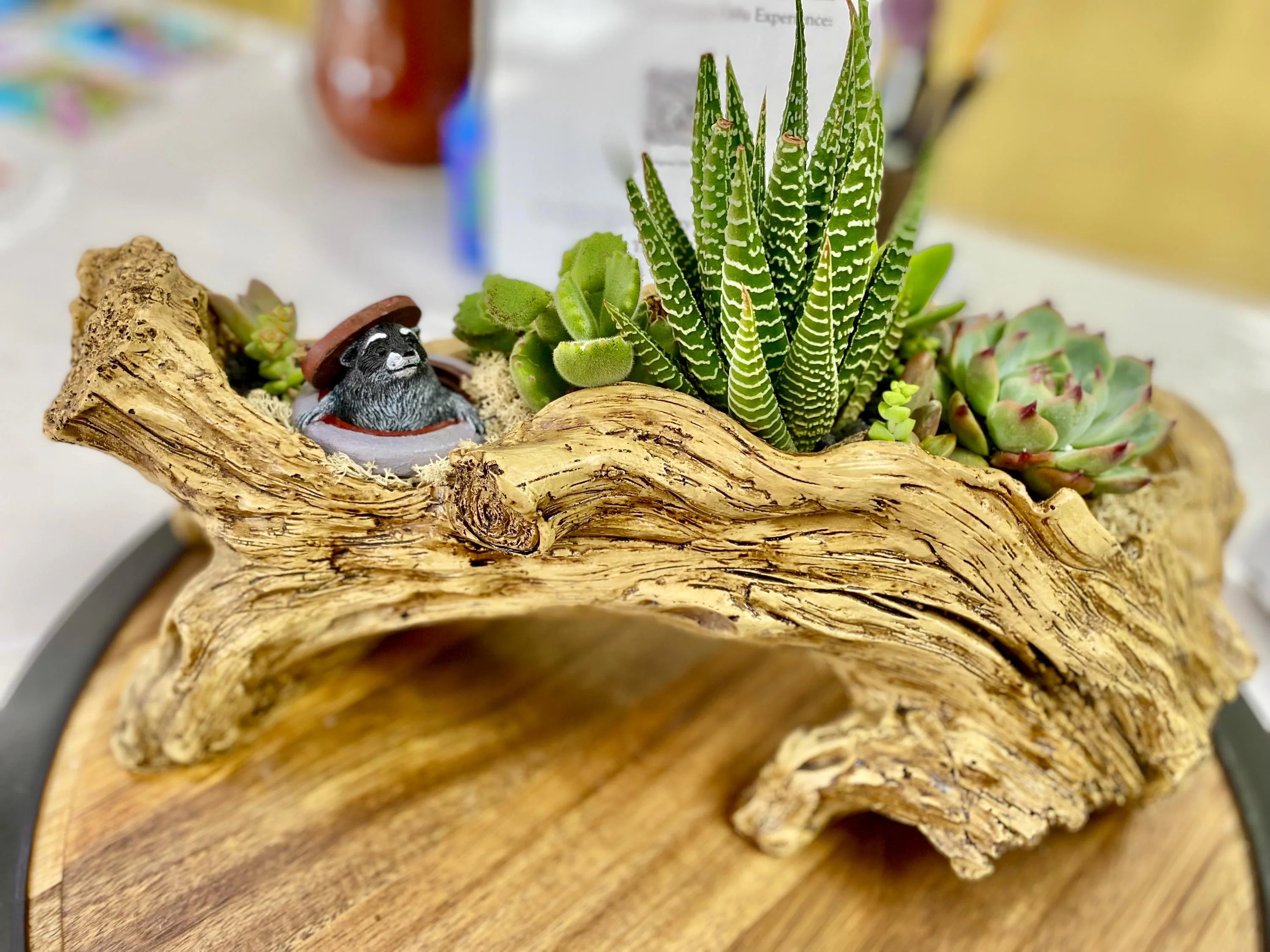 Artisan succulent planter featuring haworthia zebra cactus, echeveria, and mixed succulents arranged in a rustic driftwood-style container with a charming miniature bear figurine—unique indoor plant decor, nature-inspired succulent centerpiece, handcrafted home or office decoration