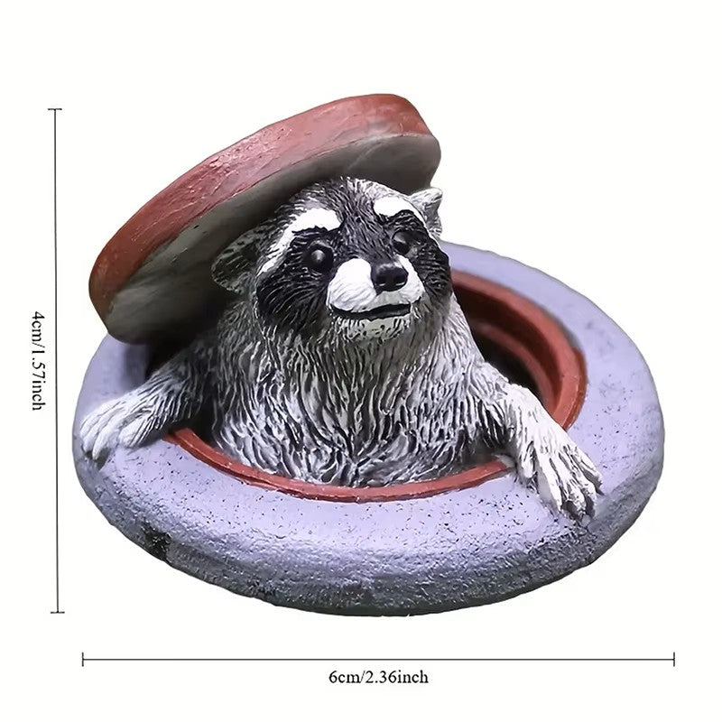 Small 2.36 x 1.57 inch raccoon figurine emerging from manhole in mini succulent planter with colorful decorative rocks – cute whimsical decorative plant gift