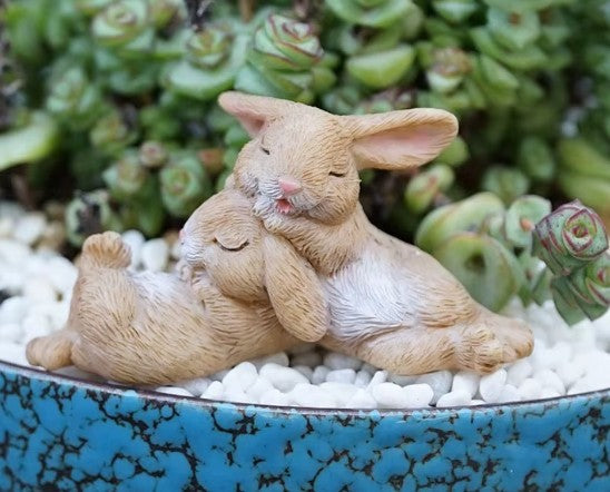 Sleeping Rabbits Fairy Garden Figurine – Mini Bunny Plant Decor – Woodland Planter Decoration – Miniature Garden Accessory – Plant Lover Gift